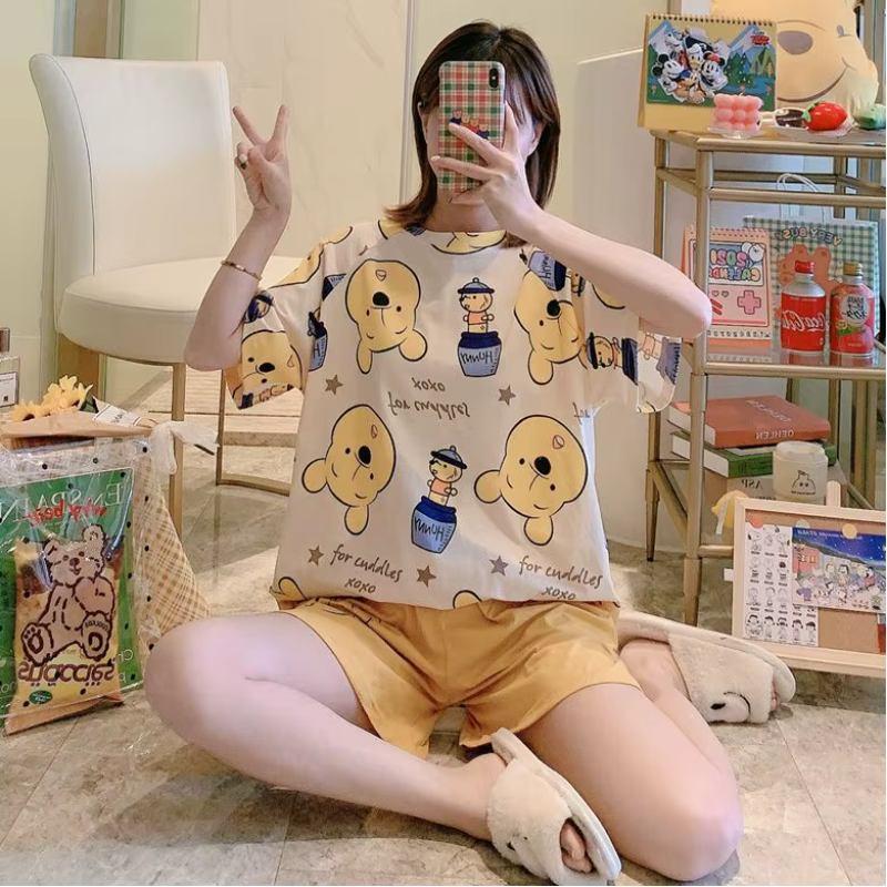 Cartoon Pooh Bear Print Thin Short-Sleeved Shorts Loose Top Pajamas Set